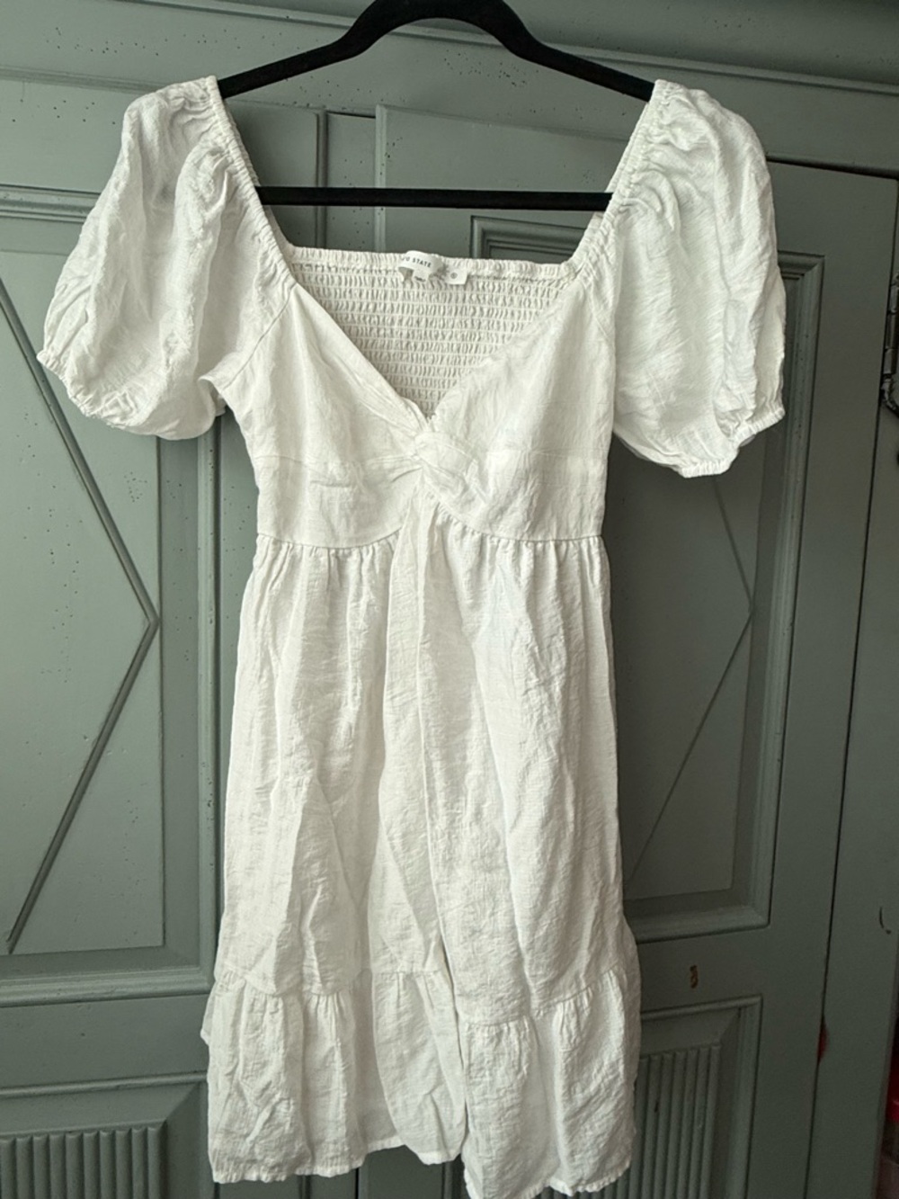 Altr'd State White Puff Sleeve Twist Front/ Open Smocked Back Mini Dress